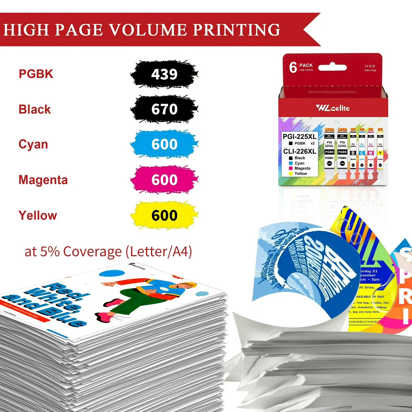 225 226 Ink Cartridges Replacement for Canon PGI-225 CLI-226 6 Pack Ink Cartridge for iX6520 MG5120 Printer(2*PGBK 1*BK 1*C 1*M 1*Y )