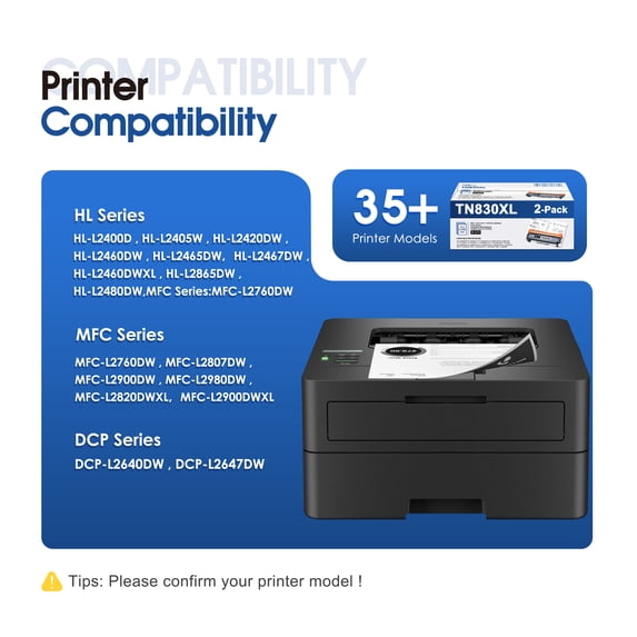 TN830XL TN830 TN 830XL 830 Toner Cartridge 2 Pack Black Compatible for Brother TN830 XL/V/R 830 XL for DCP-L2640DW HL-L2460DW HL-L2480DW HL-L2400D MFC-L2820DW Printer