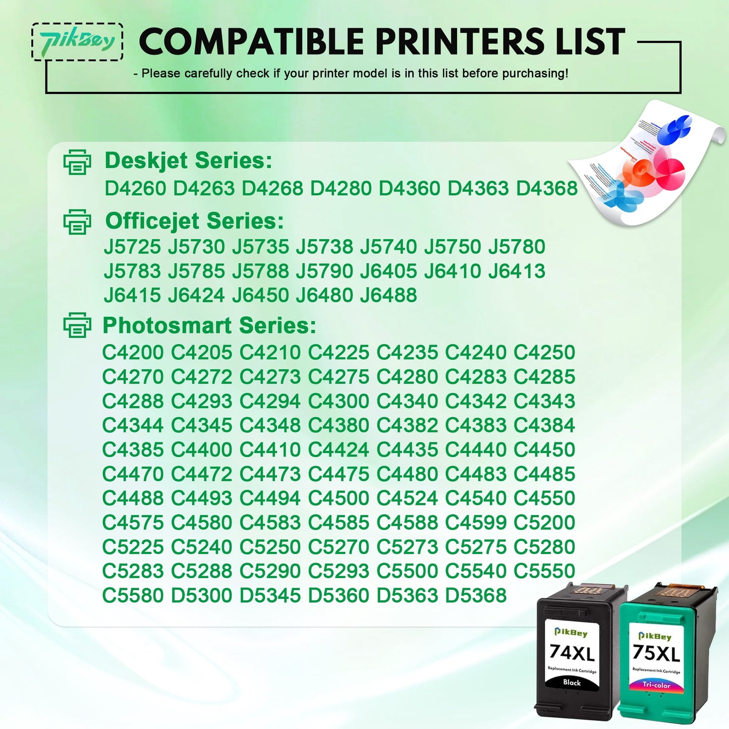 74XL 75XL Ink Cartridges (2-Pack, Black/Tri-Color) - Compatible for HP 74 75 XL Ink Cartridges for DeskJet D4260 Photosmart C4280 C4300 C4400 C4500 OfficeJet J5788 J6480 Printers