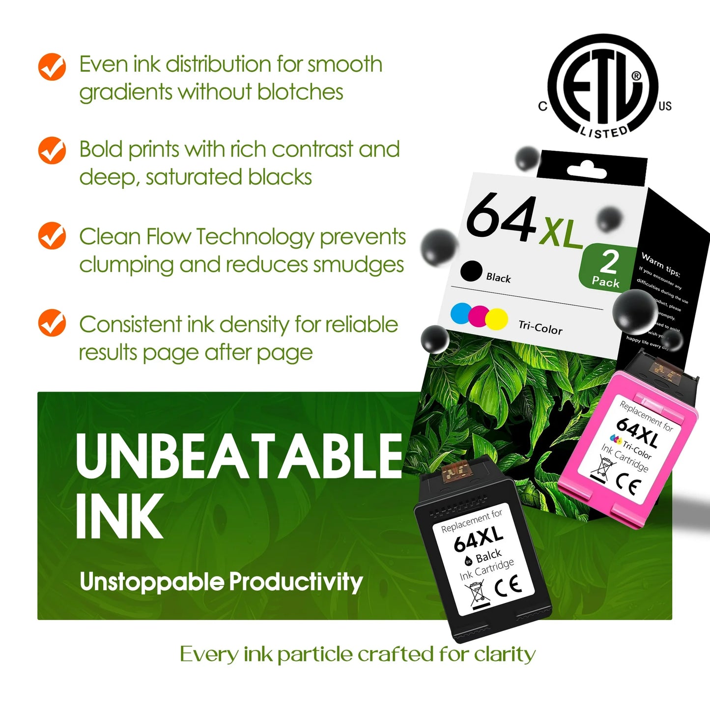 64 XL 64XL Ink Cartridge Compatible for HP 64 Ink Cartridges for HP Envy Photo 7855 7858 7155 6252 7800 7100 Envy Inspire 7255e 7955e 7958e 7900e Tango Series Printer (Black, Tri-Color) 2-Pack
