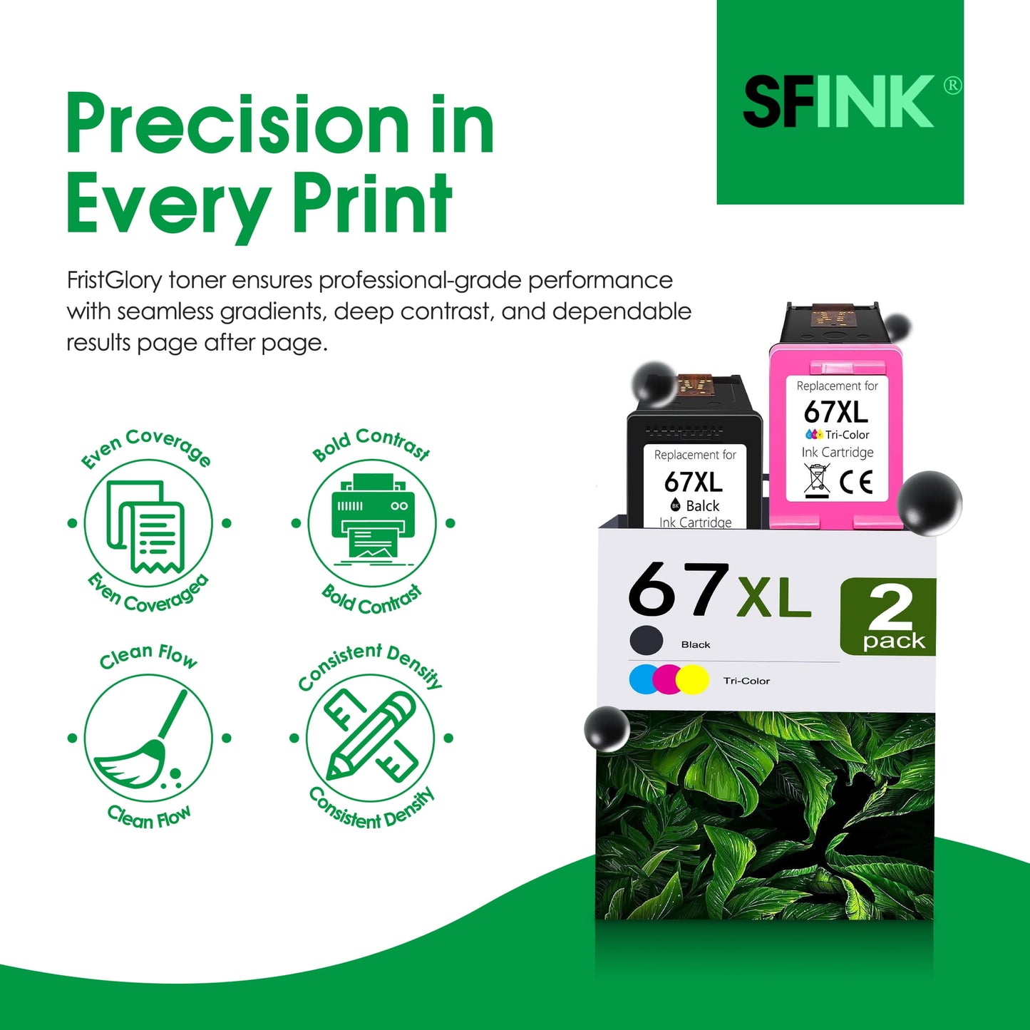67 XL 67XL Ink Cartridges 2-Pack Black and Tri-Color Compatible for HP 67 Ink Cartridges for DeskJet 2700 2700e 2855e 2755 2755e 4155e 4255e Envy 6000 6400 6055e Printers