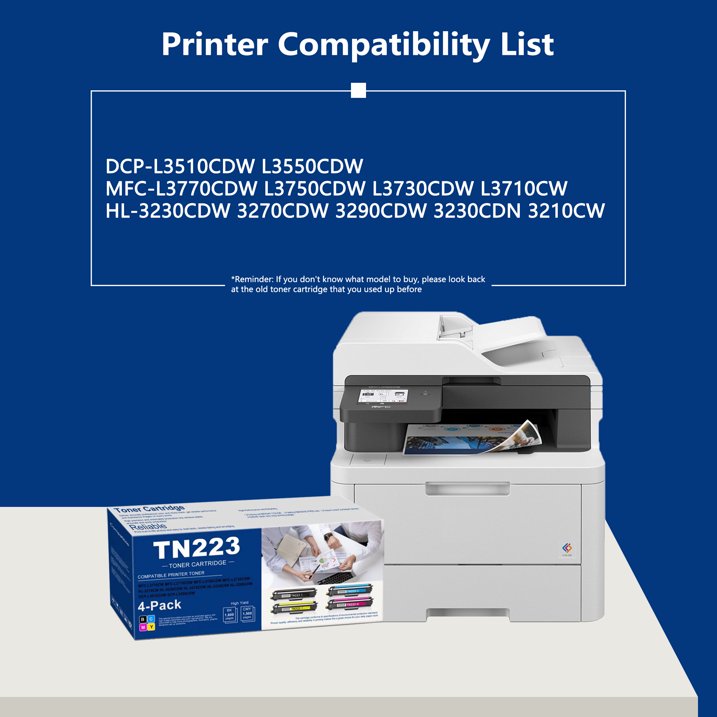 TN223 4 Pack Toner Cartridge High Yield Compatible for Brother MFC-L3770CDW Printer, Black Cyan Magenta Yellow