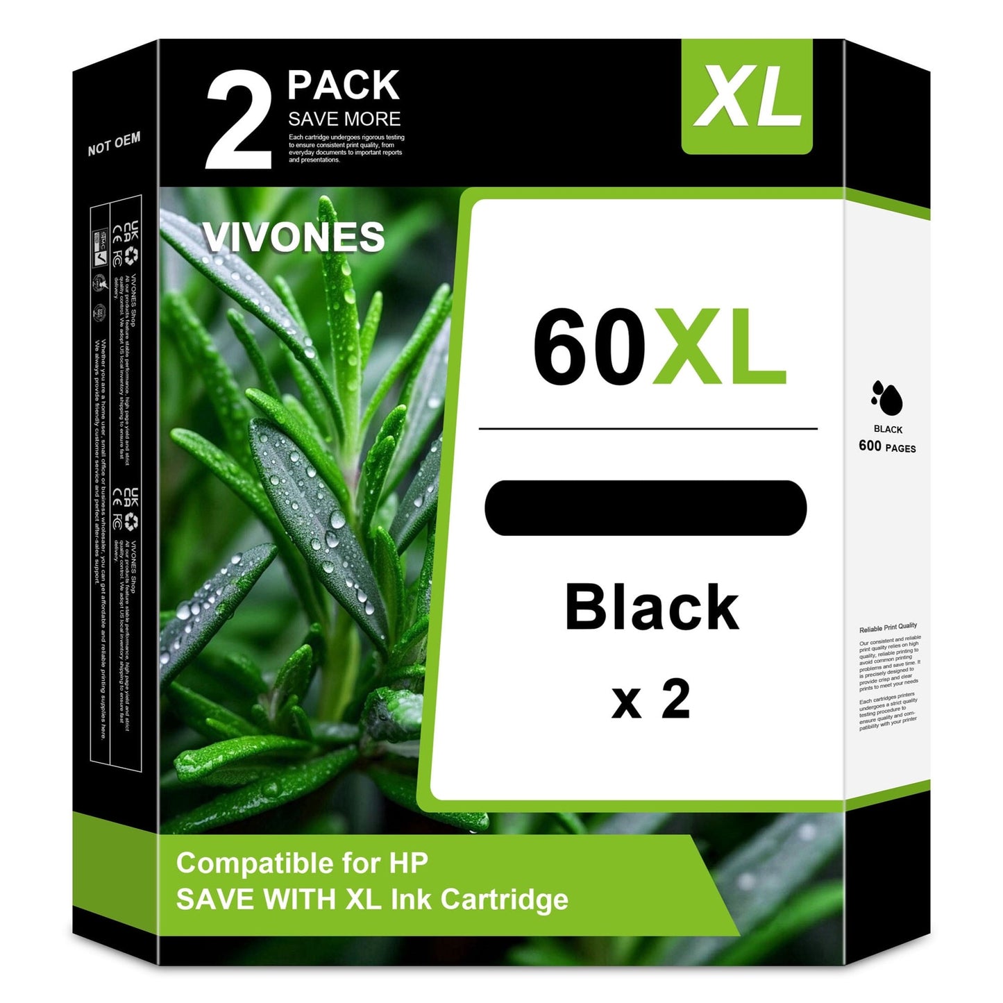 60XL Ink Cartridges Combo Pack Compatible for HP60XL Ink Cartridge Work with DeskJet D1660 D2530 ENVY 100 110 111 PhotoSmart C4635 C4640 Printers (2 Black)