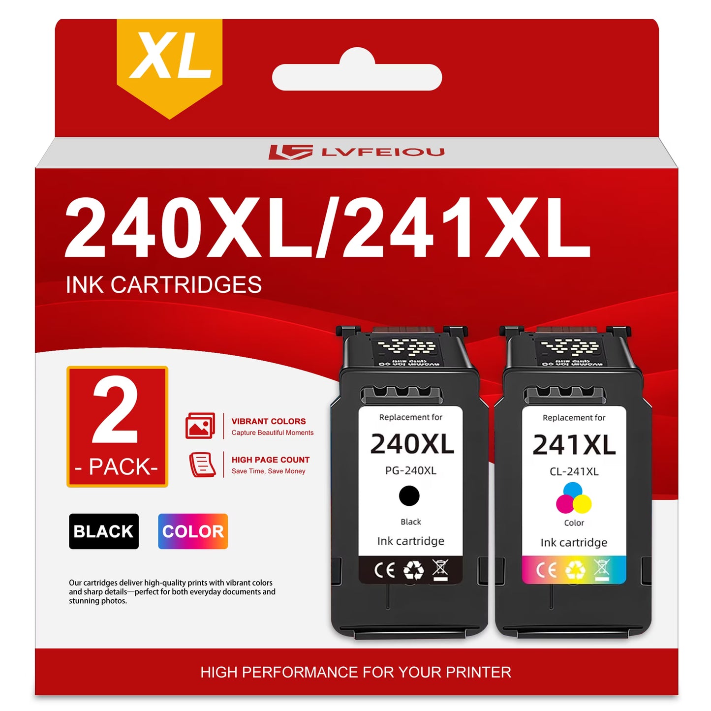240XL 241XL Ink Cartridge Compatible for Canon PG 240XL CL 241XL Ink 240 XL 241 XL for Canon PIXMA MG2120 MG2220 MG3120 MX372 MX392 TS5100 TS5120 Printer Inks (2 Pack, Black / Color)