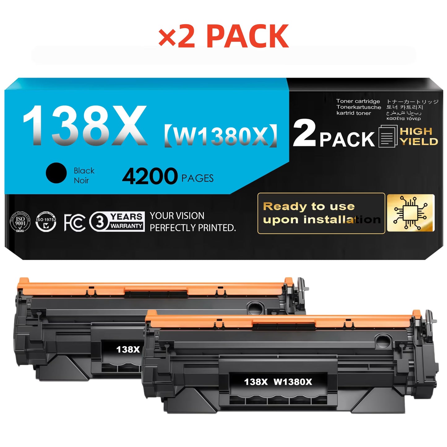 138X Black Toner Cartridge (with CHIP) Compatible for 138X 138A W1380A W1380X High-Yield Toner Work with Pro 3001dw 3001fdw MFP 3101fdw Printer Ink (2 Pack)