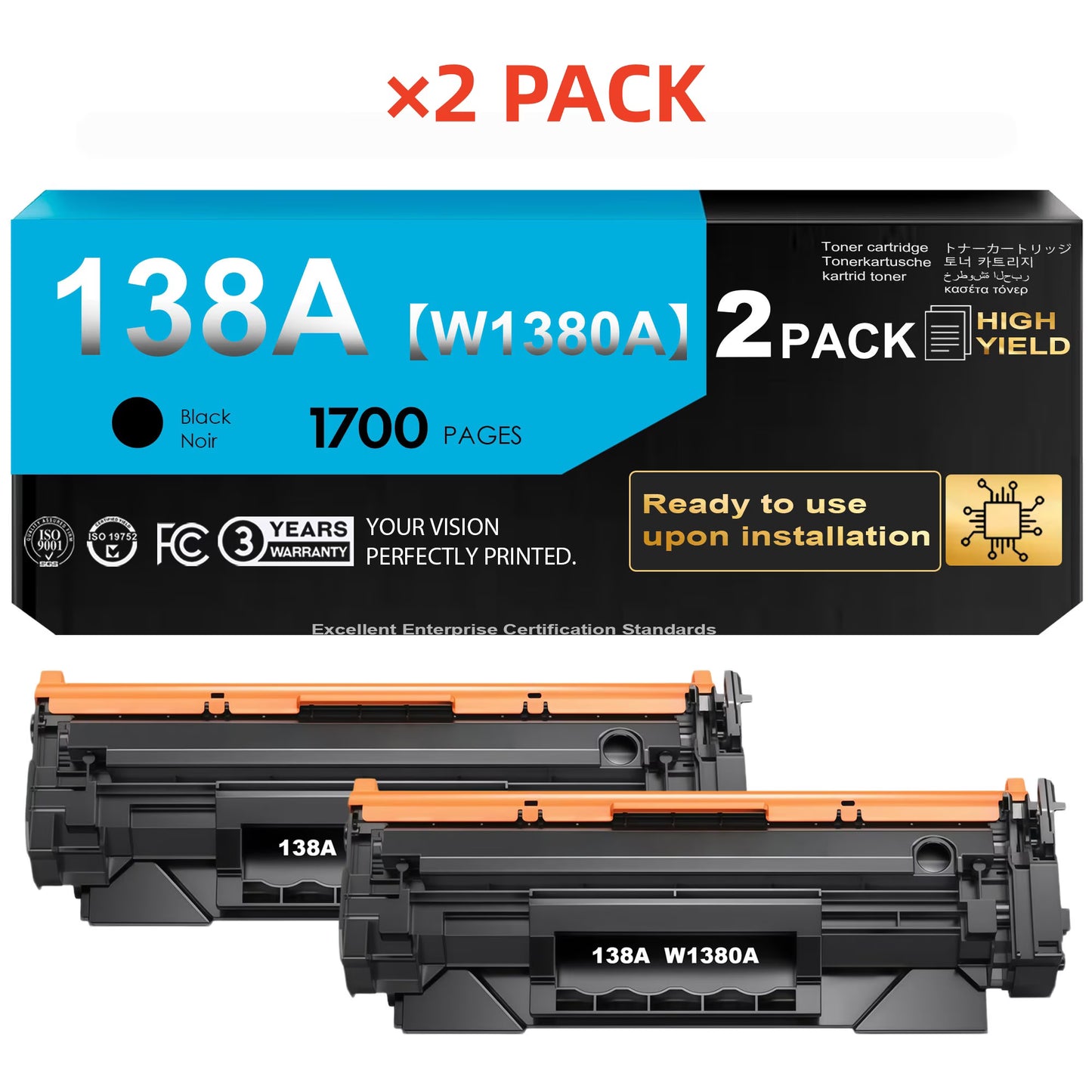 138A Black Toner Cartridge (with Chip) Compatible for 138A W1380A 138X W1380X for Pro 3001dw MFP 3101fdw 3001fdw Printer Ink (2 Pack)