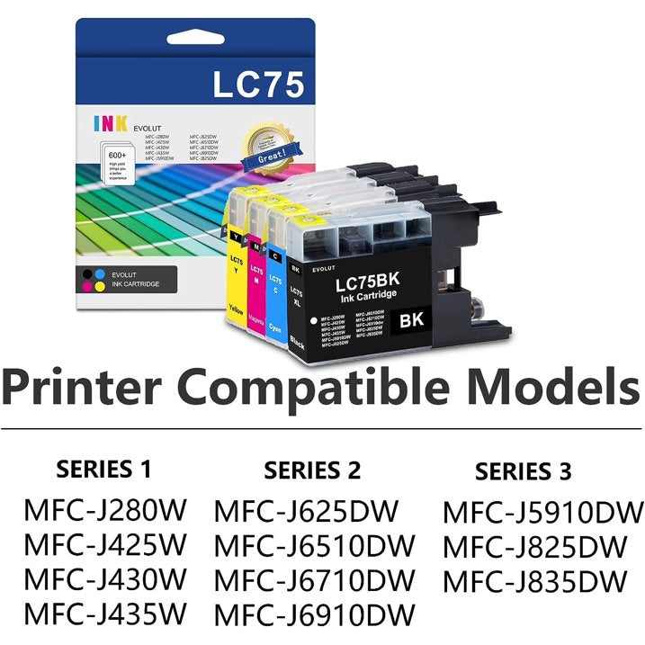 LC75 High Yield Ink Cartridge (4-Pack, 1BK/1C/1M/1Y) - LC75BK LC75C LC75M LC75Y Ink Cartridge Compatible for Brother LC75 MFC-J280W MFC-J425W MFC-J430w MFC-J435W Printer