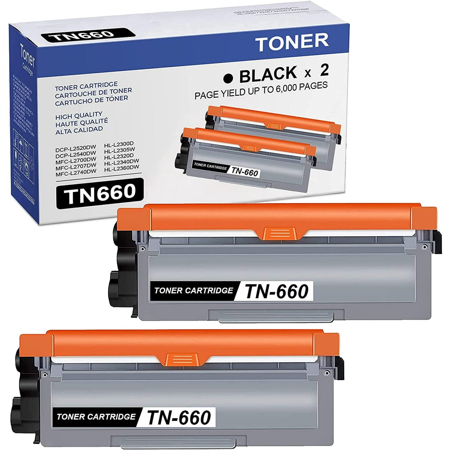 2-Pack Black High Yield TN-660 TN660 Toner Cartridge Compatible Replacement for HL-L2315DW L2340DW L2660DW L2380DW MFC-L2705DW L2707DW DCP-L2520DW Printer, Page Yield Up to 6,000 Pages