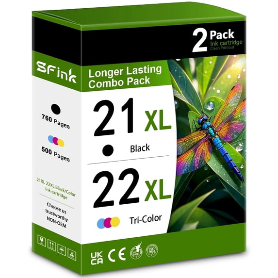 21XL 22XL Ink Cartridge Black/Tri-color 2-Pack Combo Pack Compatible for HP21 22 Ink Cartridges for OfficeJet DeskJet F2210 F4180 F380 F300 F4140 F340 OfficeJet 4315 J3680 1410 Printers