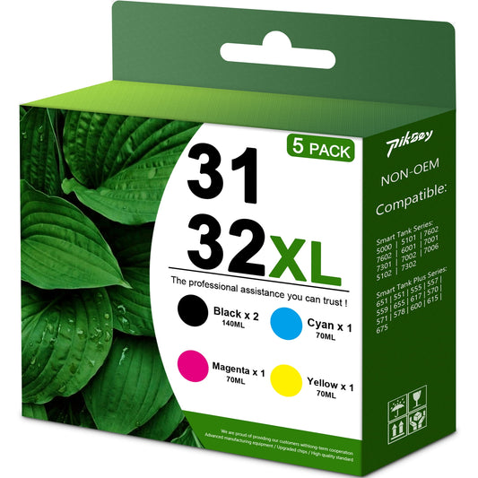 31 32XL Ink Bottle Set Compatible for HP 31 32XL Ink Bottle for HP Smart Tank 7301 7001 7602 5000 6001 5101 5102 5103 Plus 651 551 455 457 450 All-in-One Printer (140 ML 32XL Black Ink 70 ML 31 CMY)