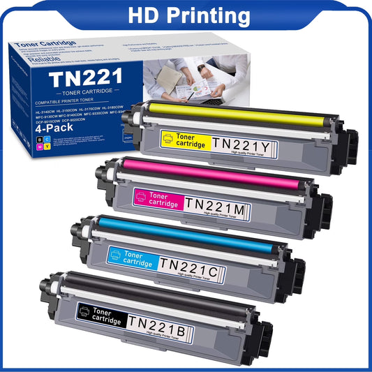 ALUMUINK 4-Pack TN221 High Yield Toner Cartridge Replacement for Brother, Black Cyan Magenta Yellow