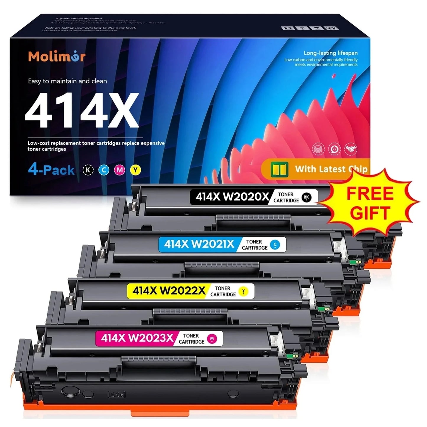 414X | W2020X Black Cyan Yellow Magenta Toner Cartridge 4 Pack With Chip Compatible for HP Pro M455dn M454dw M479fdw Printer