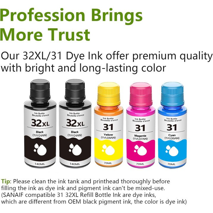 31 Ink 32XL Black Ink Bottle Set Compatible for 31 32 XL Ink Bottle Set for Smart Tank 5000 6001 7301 Printers