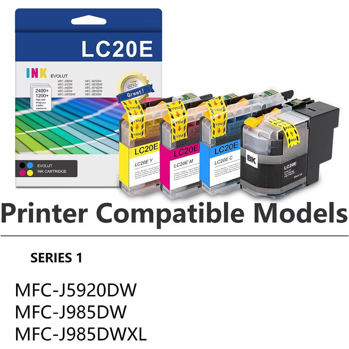 LC20E High Yield Ink Cartridge (4-Pack, 1BK/1C/1M/1Y)Compatible for Brother LC20E Ink MFC-J5920DW
