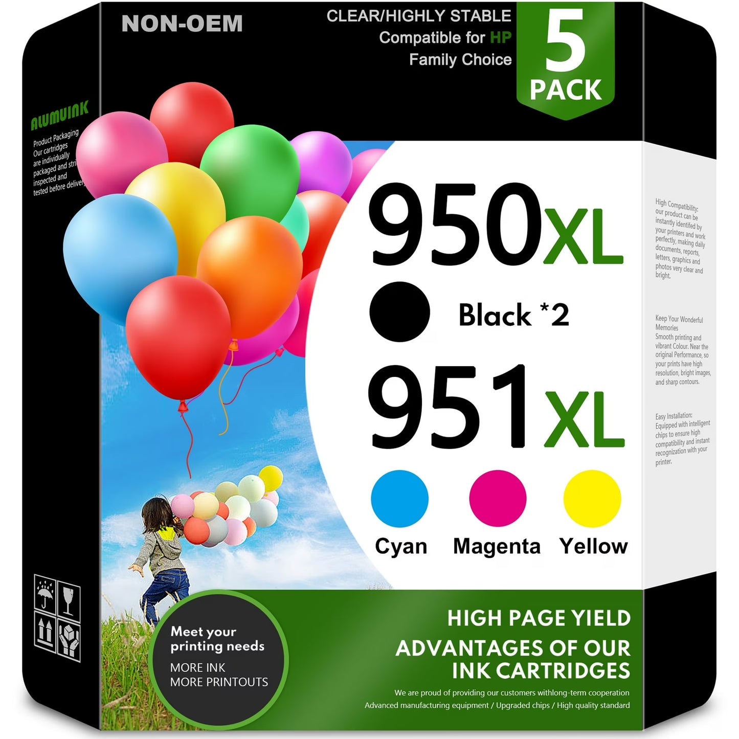 5 Pack 950XL 951XL Ink Cartridge Compatible for HP 950 951 Ink Cartridge Combo Pack ( Black Cyan Magenta Yellow)