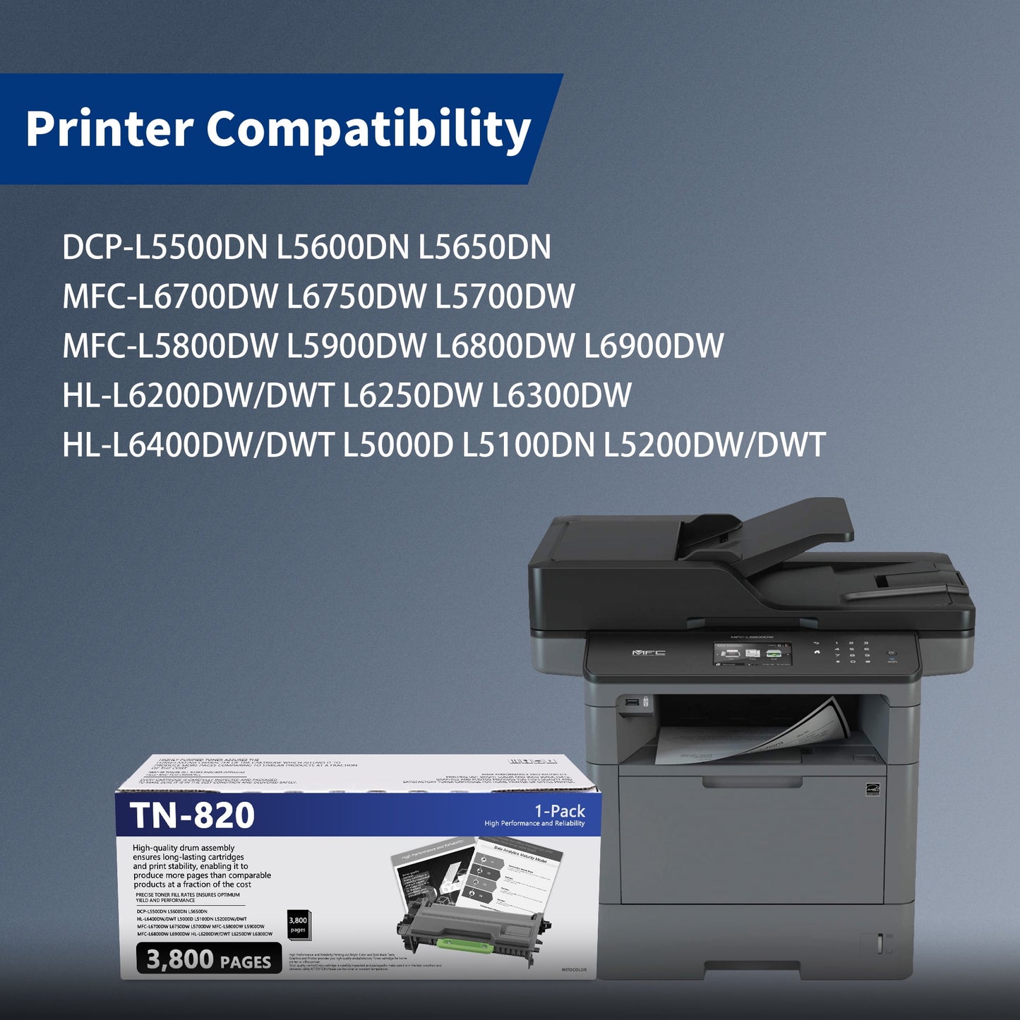 TN-820 High Yield Black Toner Cartridge Replacement for Brother TN820 for DCP-L5500DN Printer 2-Pack