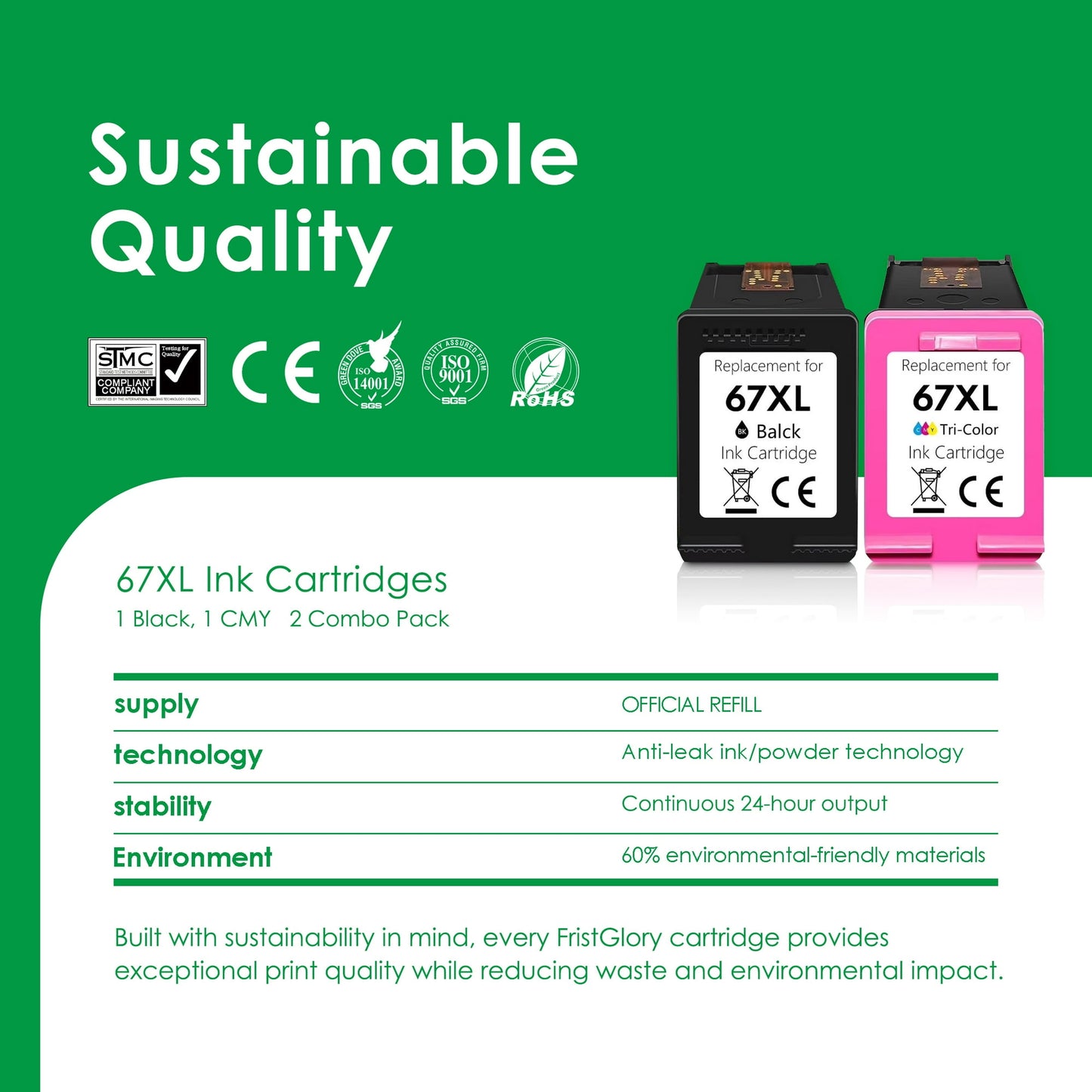 67XL Ink Cartridge 2-Pack Black/Tri-Color Compatible for HP67 Ink Cartridges for DeskJet 2700 2700e 2855e 2755 2755e 4155e 4255e Envy 6000 6400 6055e Printer