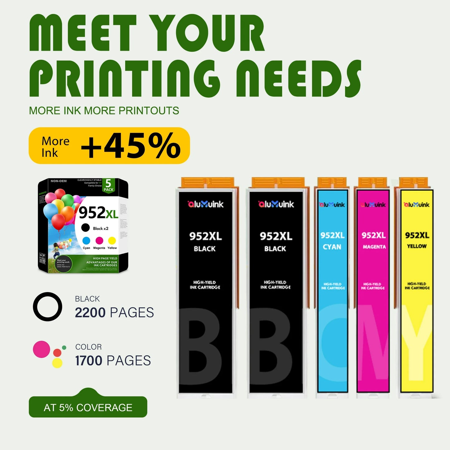 5-Pack 952 XL Ink Cartridge Compatible for HP 952 Ink Black*2 Cyan*1 Magenta*1 Yellow*1 High Yield