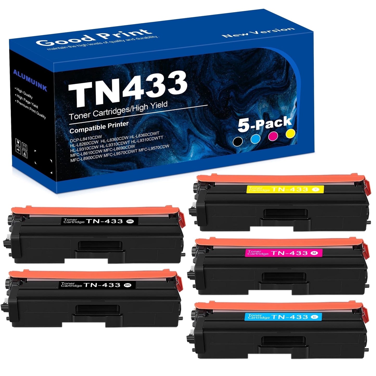 6,700 Pages TN433 High Yield Toner Cartridge Compatible for Brother TN433 Toner HL-L8260CDW L8360CDW MFC-L8610CDW Printer 5Pack (2Black,1Cyan,1Magenta,1Yellow)