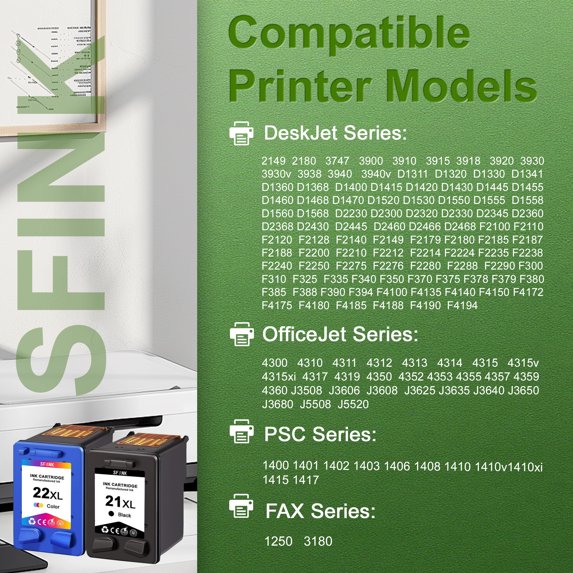 21XL 22XL Ink Cartridge Black/Tri-color 2-Pack Combo Pack Compatible for HP21 22 Ink Cartridges for OfficeJet DeskJet F2210 F4180 F380 F300 F4140 F340 OfficeJet 4315 J3680 1410 Printers