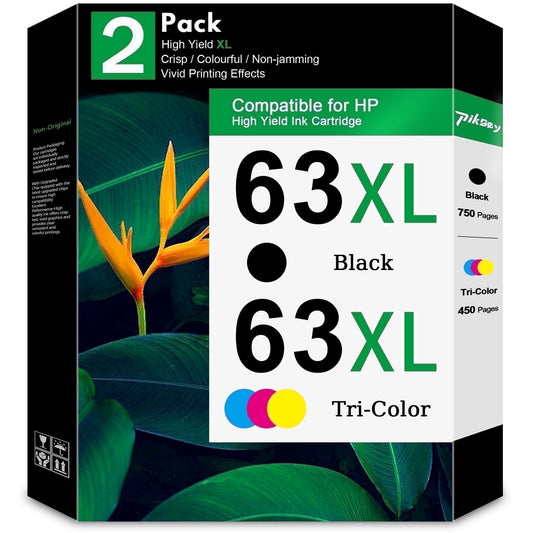 63 XL 63XL Ink Cartridges 2-Pack Black Tri-Color Compatible for HP 63 Ink Cartridges for Officejet 3830 4650 5255 5257 5258 Envy 4520 4512 Printers