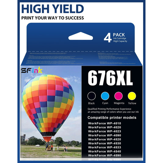 T676XL 676 676XL Ink Cartridge 4-Pack Compatible for Epson 676XL Ink Cartridges for Epson WorkForce Pro WP-4010, WP-4020, WP-4023, WP-4090, WP-4520, WP-4530, WP-4533, WP-4540, WP-4590