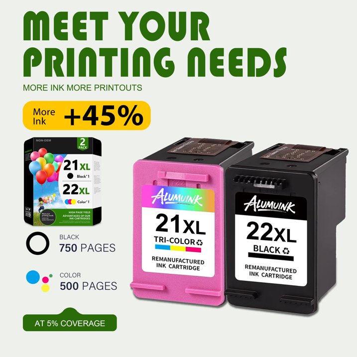 21XL 22XL Ink Cartridges Combo Pack Compatible 21 22 Ink Cartridges for OfficeJet 4315 J3680 DeskJet 3900 D1568 PSC 1415 (Black/Tri-Color)