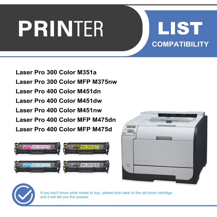 305A CE410A Toner Cartridge 4-Pack Compatible for 305A CE410A Toner Cartridges for Laser Pro 300 M351a MFP M375nw Laser Pro 400 M451 MFP M475 Series Printer (1 Black, 1 Cyan, 1 Magenta, 1 Yellow)