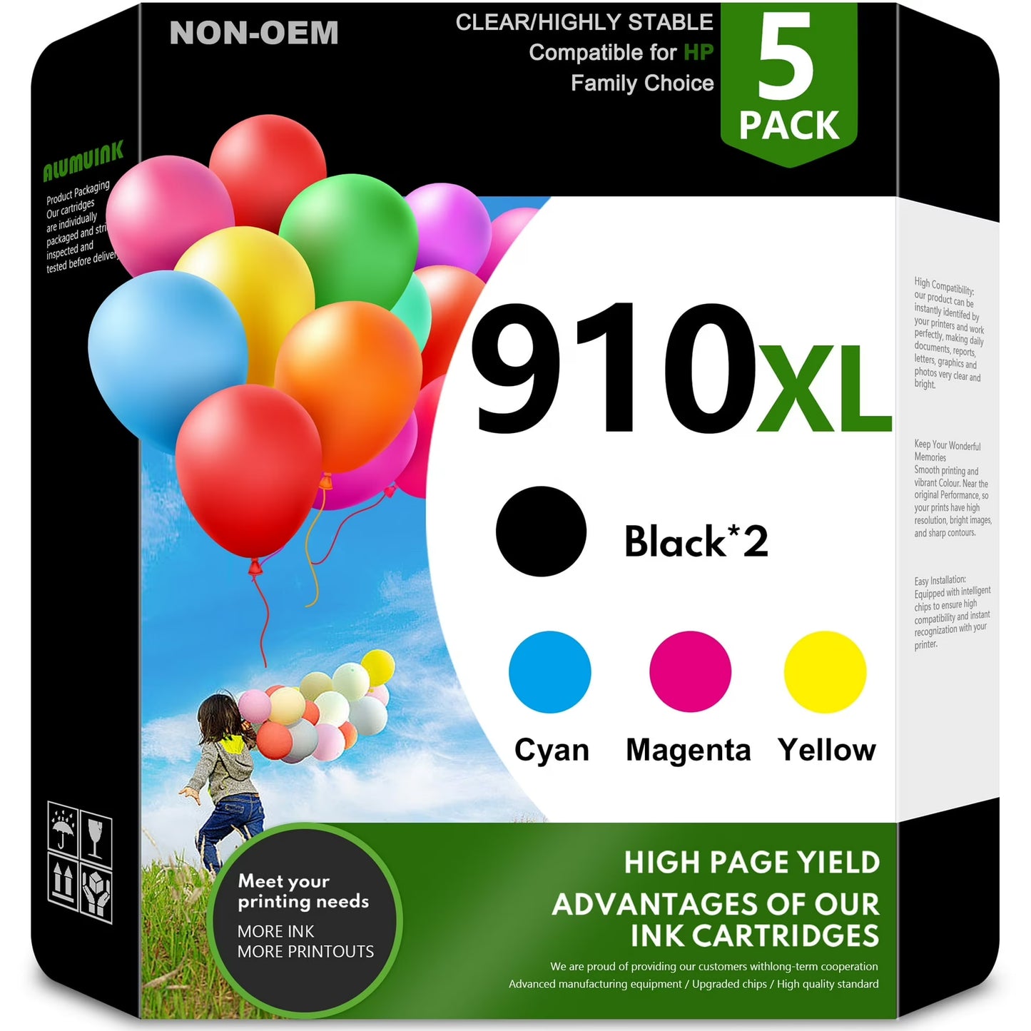 910XL 910 Ink Cartridge High Yield Compatible for HP 910XL Ink Cartridge Black,Cyan,Magenta,Yellow(5-Pack)8010 8015 8018 8020 8022 8025 8028 8035