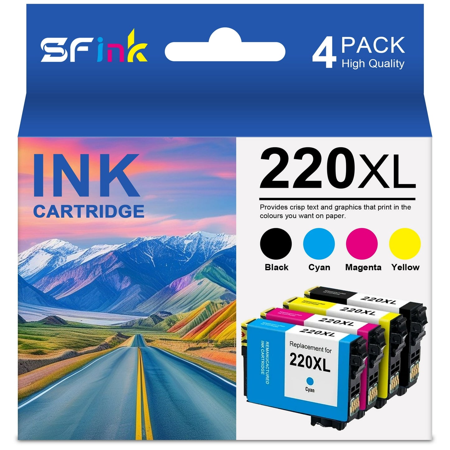T220 220XL 220 Ink Cartridge 4 Pack Compatible for Epson 220XL Ink Cartridges to Use with Expression XP-320, XP-420 424 WorkForce WF-2630 2650 2660, WF-2750 2760 (Black/Cyan/Magenta/Yellow)