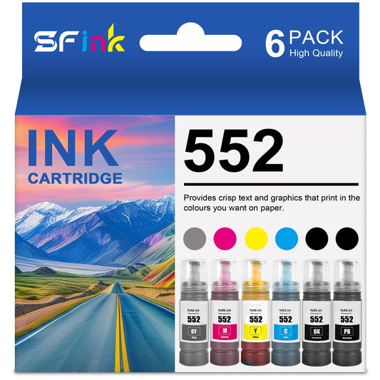T552 552 Ink Refill Bottles 6 Pack Compatible for Epson 552 Ink for Ecotank Photo ET-8550 ET-8500 ET8550 ET8500 8550 8500 Printer (PBk/BK/C/M/Y/ GY)