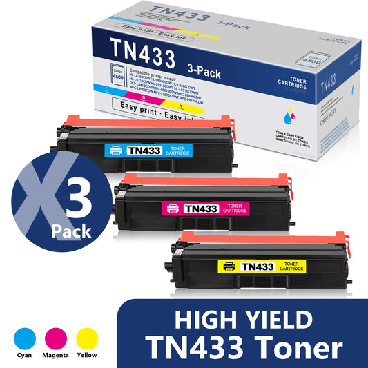 TN-433 High Yield Toner Cartridge- Replacement for Brother TN433 MFC-L8690CDW Printer (Cyan, Yellow, Magenta, 3 Pack)