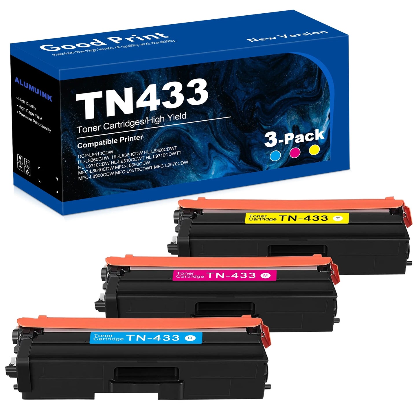 TN433 High Yield Toner Cartridge (Cyan/ Yellow/ Magenta, 3 Pack) - Replacement for Brother TN4333pk MFC-L8690CDW Printer