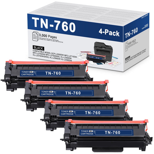 TN760 High Yield Toner Cartridge Compatible Replacement for Brother TN760 TN730 for MFC-L2690DW MFC-L2710DW HL-L2370DW DCP-L2550DW Printer Toner Cartridges(Blalck 4 Pack)