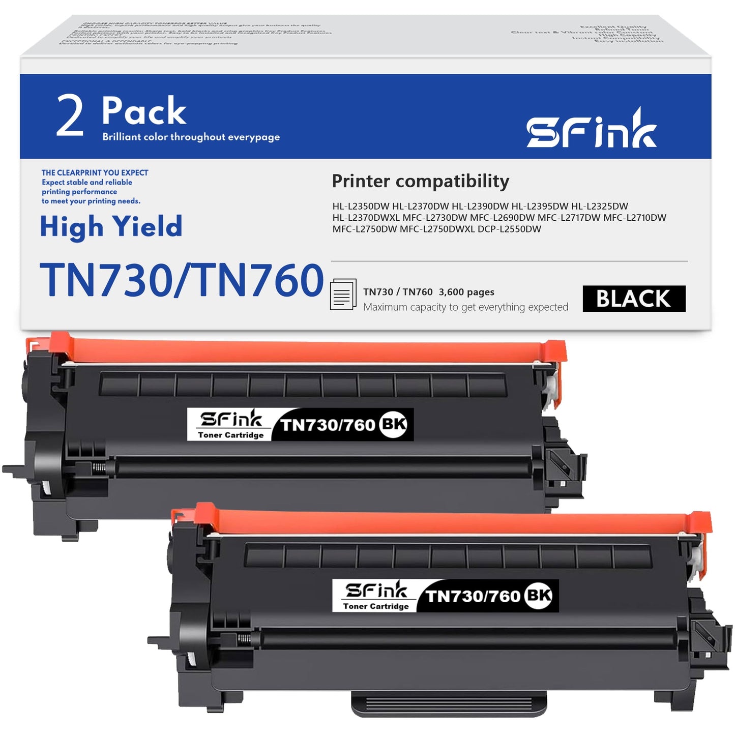 TN730/TN760 Toner Cartridge Replacement for Brother TN760 TN730 Toner for MFC-L2710DW MFC-L2750DW HL-L2350DW HL-L2370DW HL-L2395DW HL-L2390DW DCP-L2550DW Printer (Black, 2-Pack)