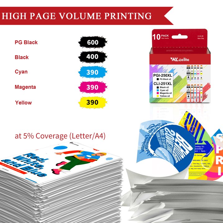 PGI 250XL CLI 251XL Ink Cartridge Compatible for Canon 250XL 251XL Ink Cartridge for MG7520 MG5420 Printer（10 Pack ）